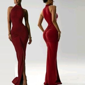 Elegant Red Halter Ruched Maxi Dress Split